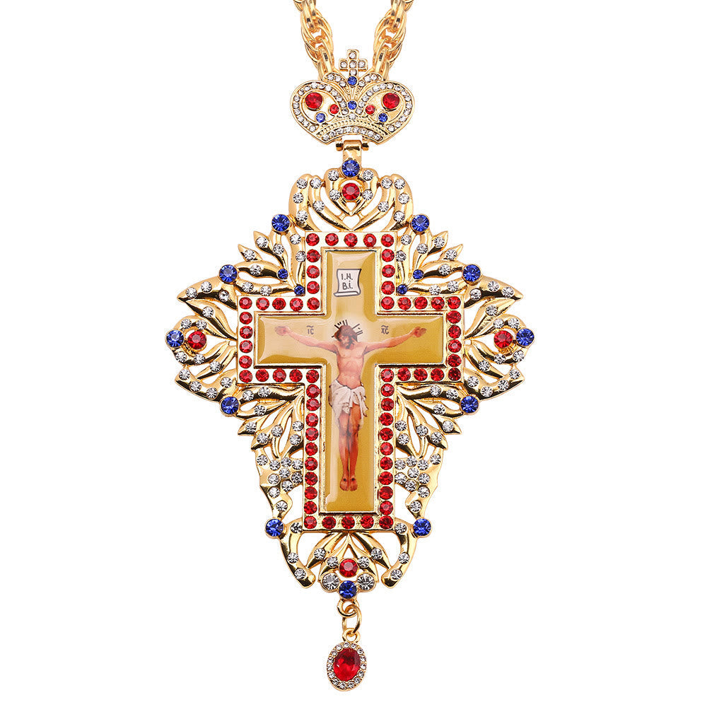 Collar de Pendiente con Cruz Ortodoxa Ornamental Adornada con Gemas: Emblema de Redención y Gloria Divina