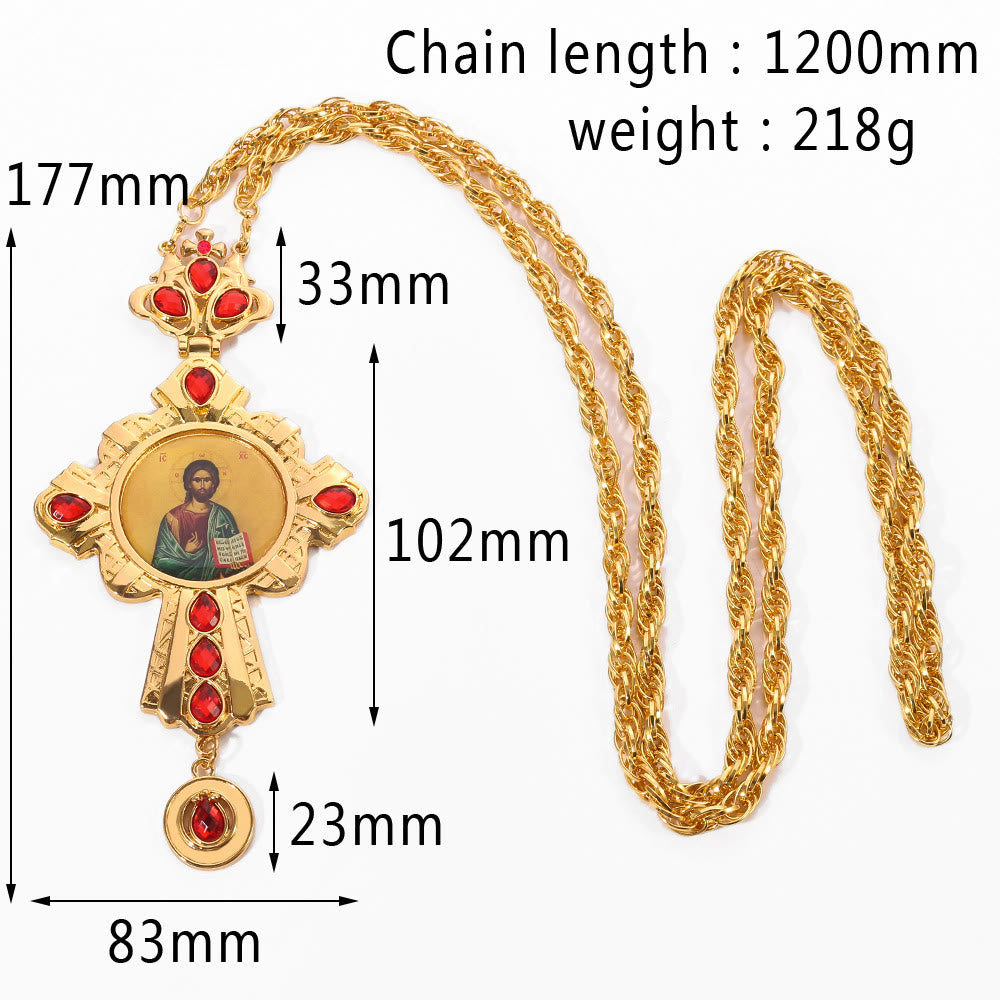 Collar de Pendiente con Cruz Ortodoxa Ornamental Adornada con Gemas: Emblema de Redención y Gloria Divina