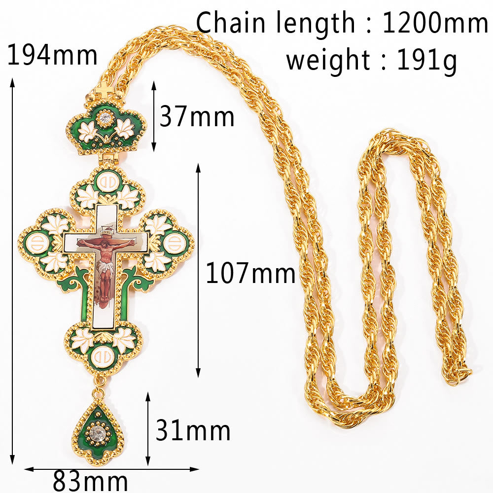 Collar de Pendiente con Cruz Ortodoxa Ornamental Adornada con Gemas: Emblema de Redención y Gloria Divina