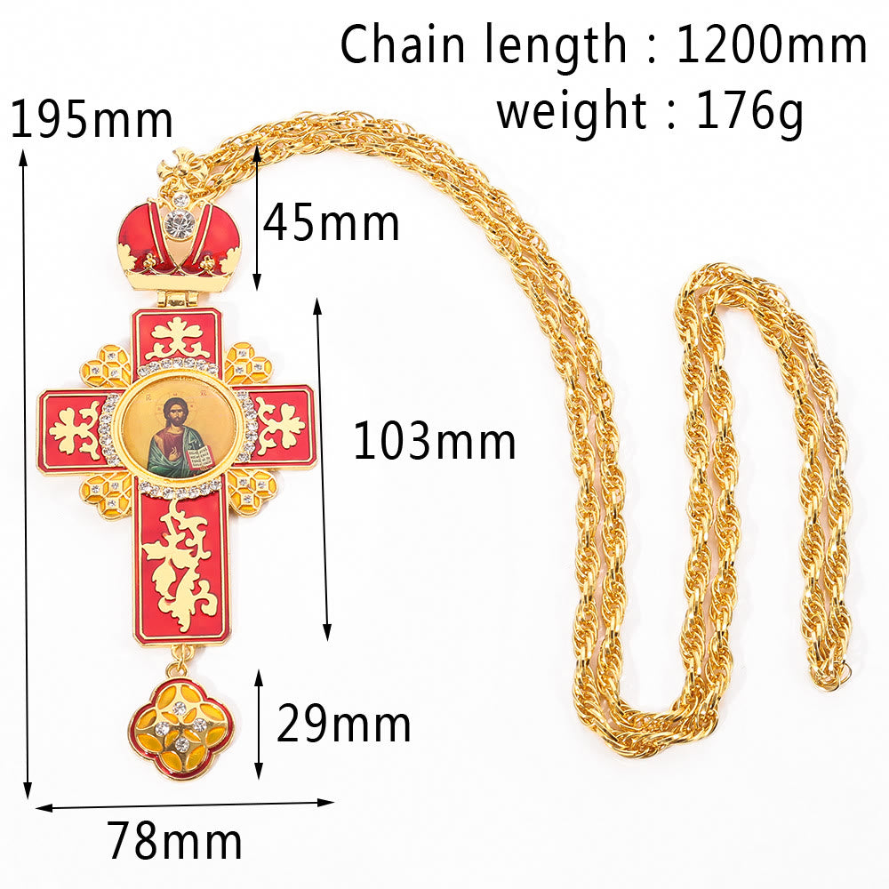 Collar de Pendiente con Cruz Ortodoxa Ornamental Adornada con Gemas: Emblema de Redención y Gloria Divina