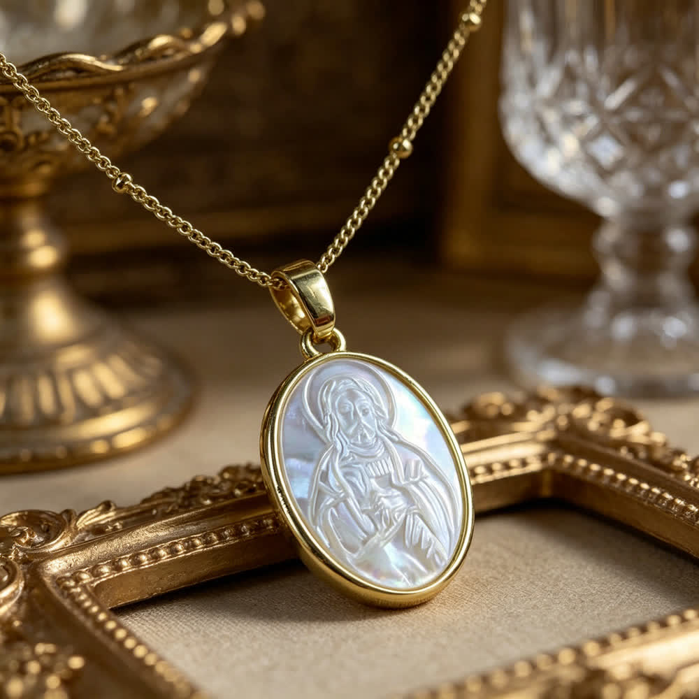 Collar de Perla Blanca Natural de San: Sagrado Corazón, Jesús, Nuestra Señora y San Miguel