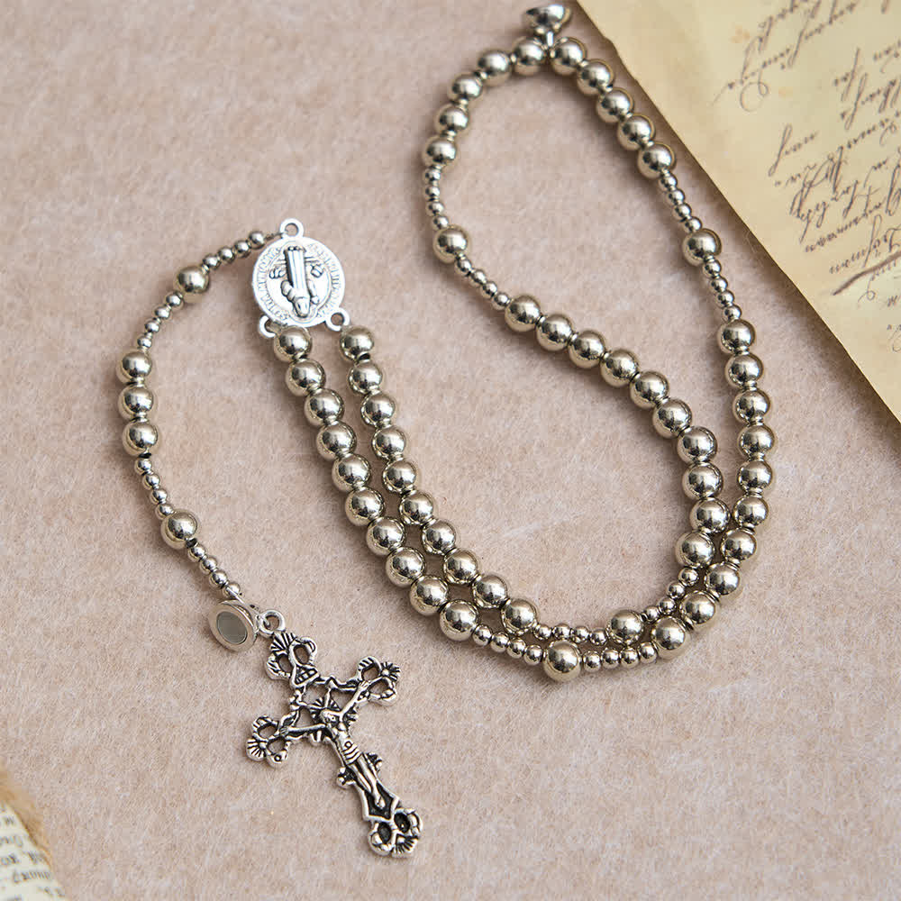Pulsera de Rosario Magnética en Tono Plateado Sagrado: 2 en 1 Oración y Pulsera