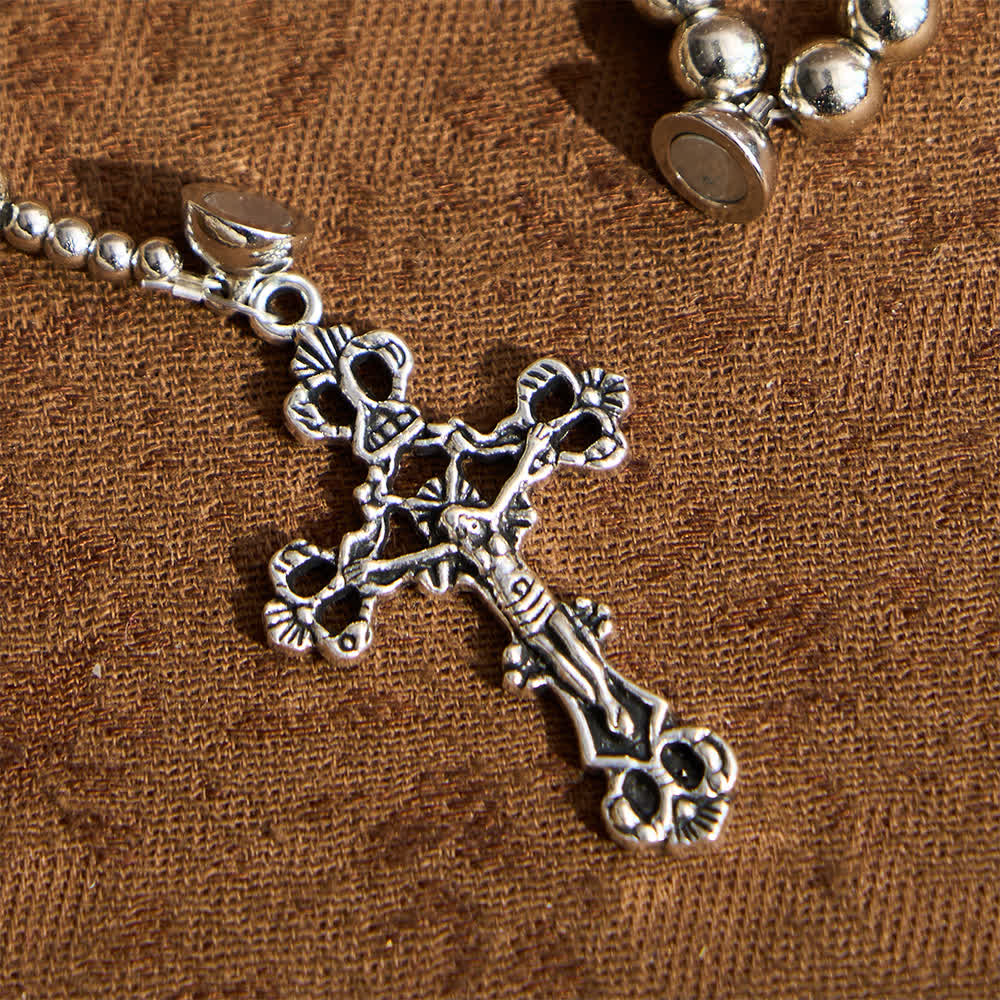 Pulsera de Rosario Magnética en Tono Plateado Sagrado: 2 en 1 Oración y Pulsera