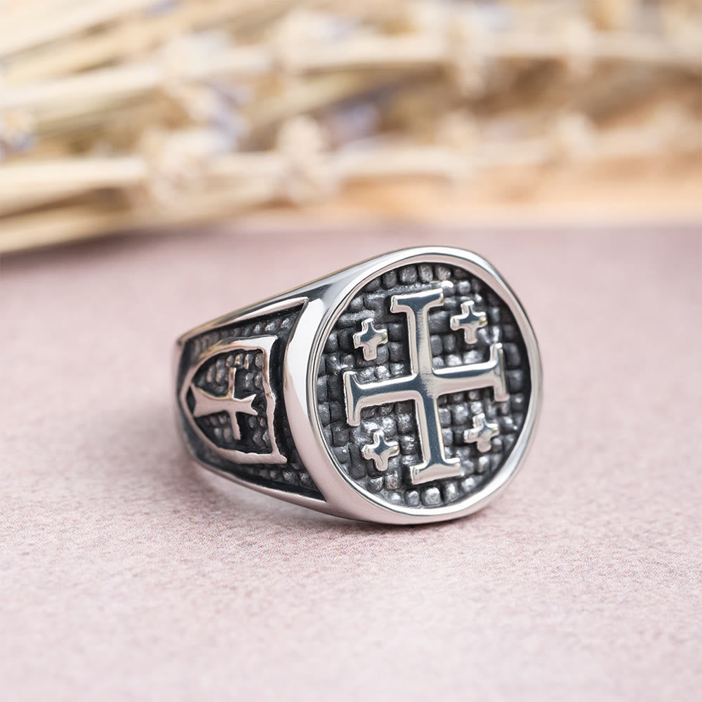 Anillo Sello Redondo y Cuadrado de la Cruz de Jerusalén: Emblema de la Unidad de la Fe