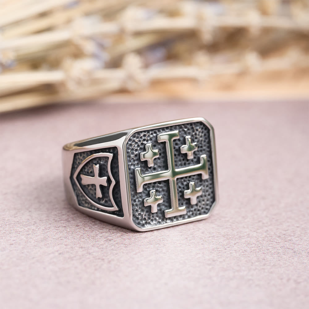 Anillo Sello Redondo y Cuadrado de la Cruz de Jerusalén: Emblema de la Unidad de la Fe