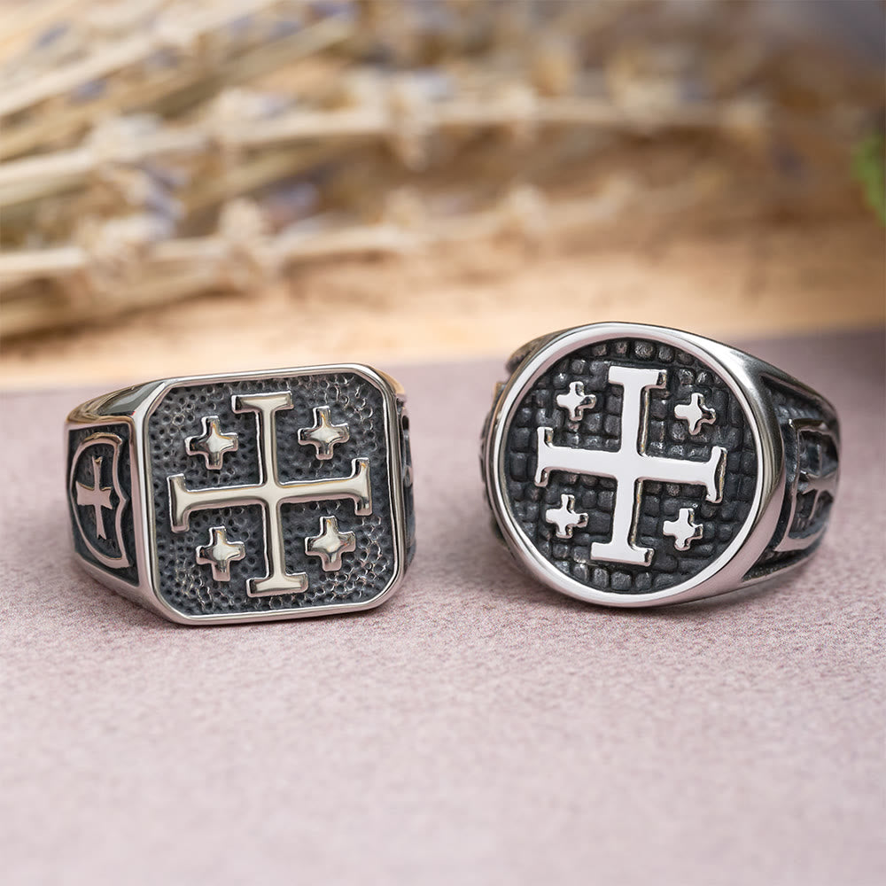 Anillo Sello Redondo y Cuadrado de la Cruz de Jerusalén: Emblema de la Unidad de la Fe