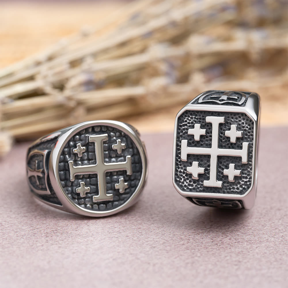 Anillo Sello Redondo y Cuadrado de la Cruz de Jerusalén: Emblema de la Unidad de la Fe