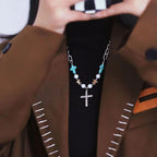 Pulsera/Collar de Titanio con Cruz de Zirconio Turquesa Hecho a Mano
