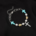 Pulsera/Collar de Titanio con Cruz de Zirconio Turquesa Hecho a Mano