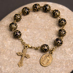 Pulsera de Rosario con Medalla y Crucifijo de San Benito en Estilo Retro Negro