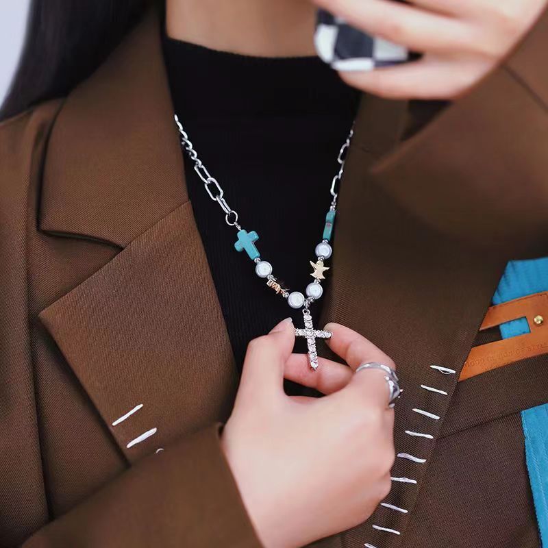 Pulsera/Collar de Titanio con Cruz de Zirconio Turquesa Hecho a Mano