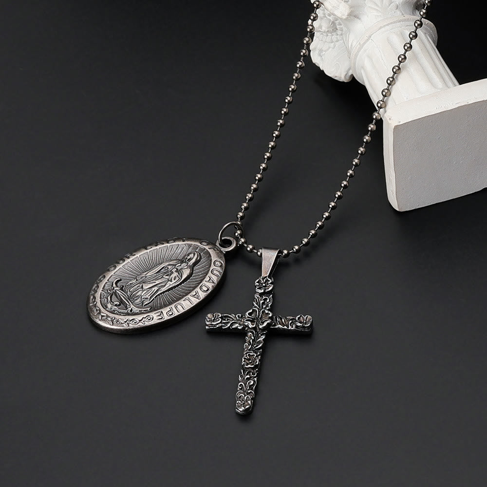 Nuestra Señora de Guadalupe & Cruz Exquisita Collar Retro de Titanio