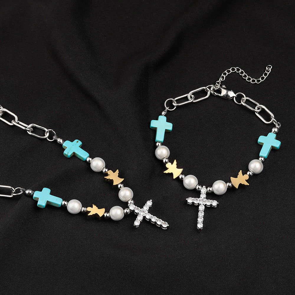 Pulsera/Collar de Titanio con Cruz de Zirconio Turquesa Hecho a Mano