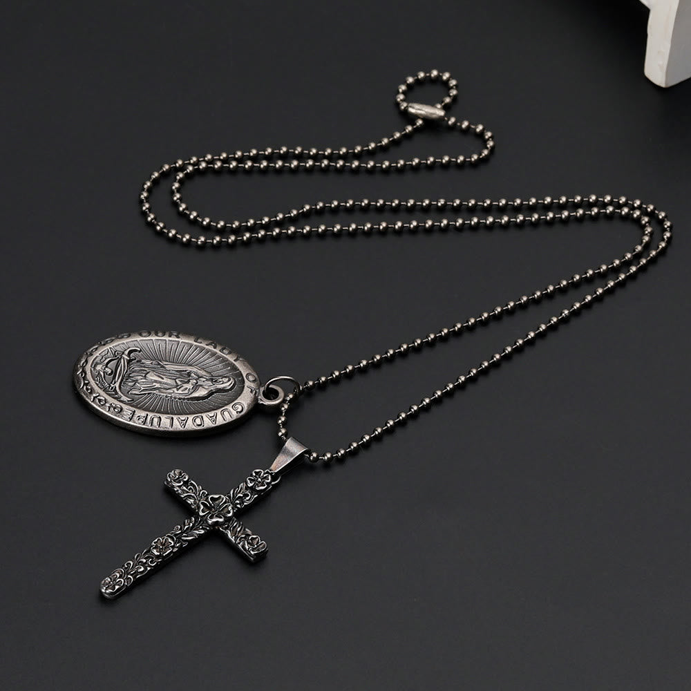 Nuestra Señora de Guadalupe & Cruz Exquisita Collar Retro de Titanio