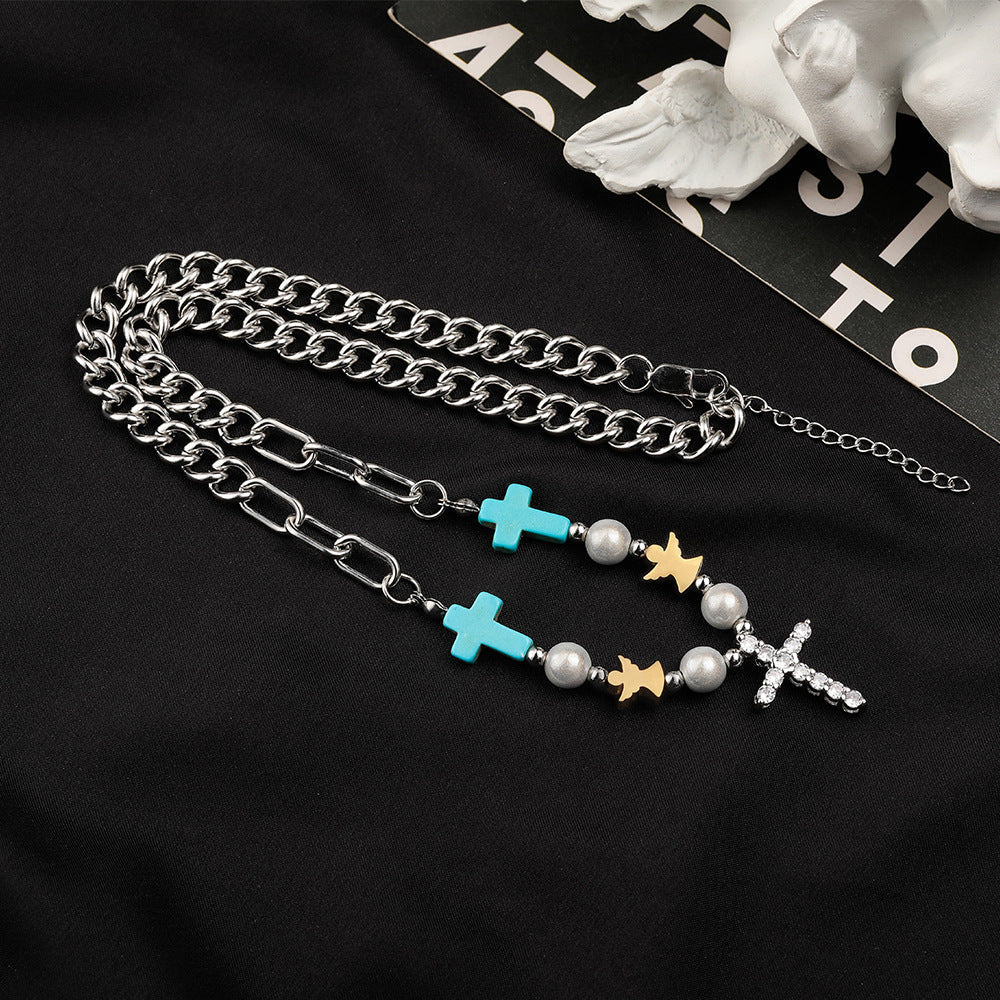 Pulsera/Collar de Titanio con Cruz de Zirconio Turquesa Hecho a Mano