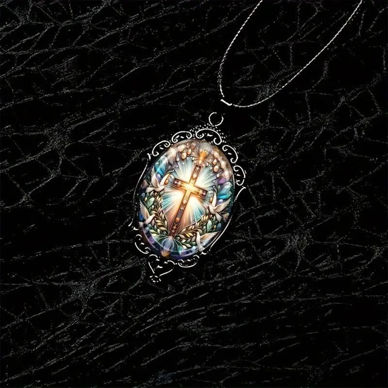 Collar de Cristal con Colgante de Cruz y Paloma Santa de Estilo Retro